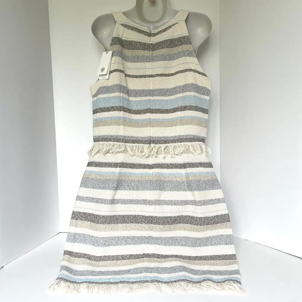 Tory Burch Jane Sheath Dress Off White Stripe Fringe Sleeveless 10